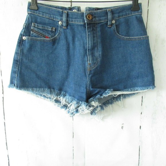 Diesel Jeans Shorts 28 High Rise Waist Frayed Raw Hem Cut Off Lace Up Denim - Picture 3 of 6